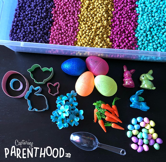Easter Sensory Bin with Dyed Garbanzo Beans © Capturing Parenthood