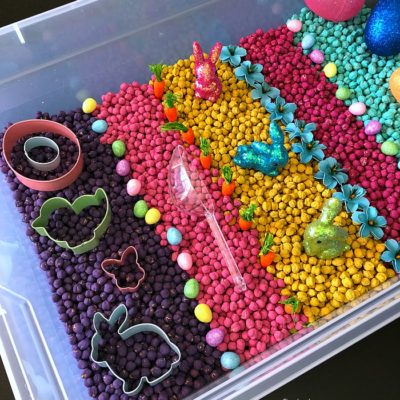Easter Sensory Bin with Dyed Garbanzo Beans