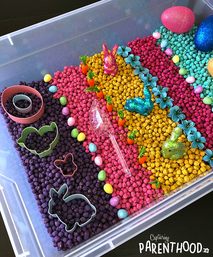 Easter Sensory Bin with Dyed Garbanzo Beans © Capturing Parenthood